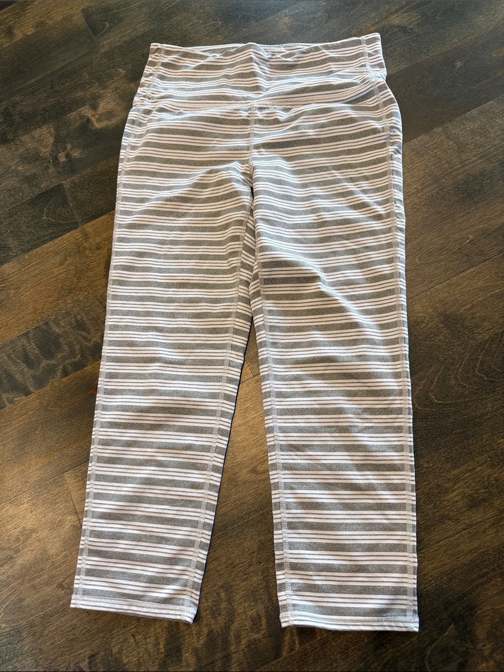 Athleta Gray & White Striped Capri Leggings